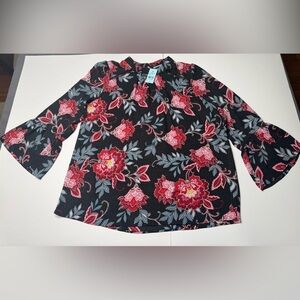 New LOFT Women Black and Red Floral Blouse size Small loose fit 3/4 sleeve .